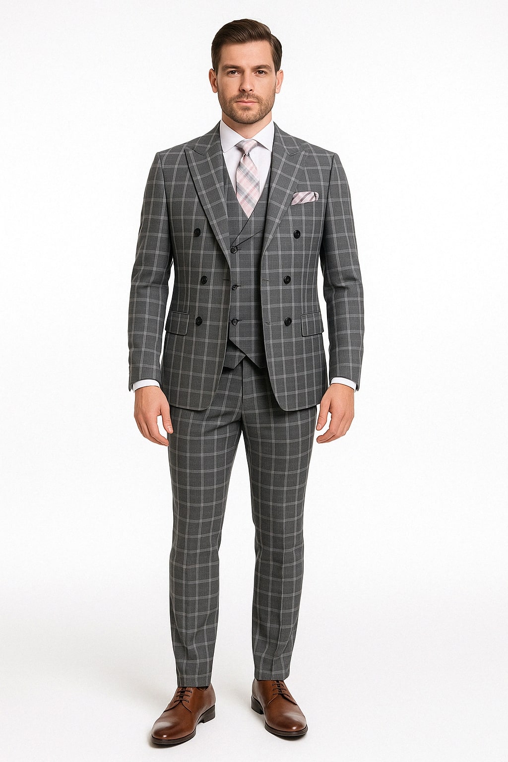 Gray Checkered Double-Breasted 3 Piece Suit - Slim Fit