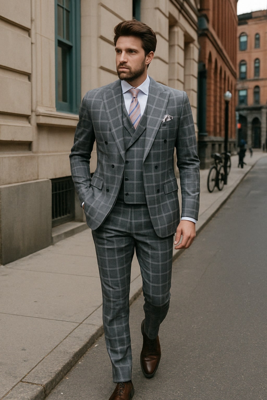 Gray Checkered Double-Breasted 3 Piece Suit - Slim Fit