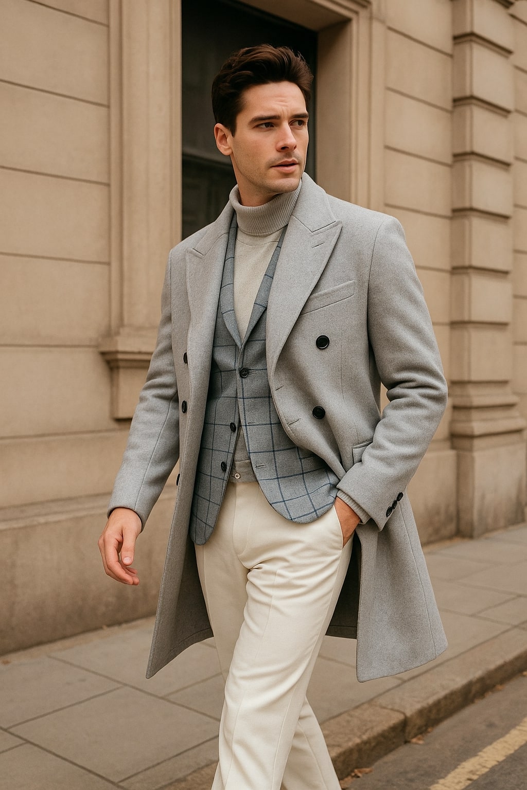 Light Gray Double-Breasted Overcoat 3-Piece Set