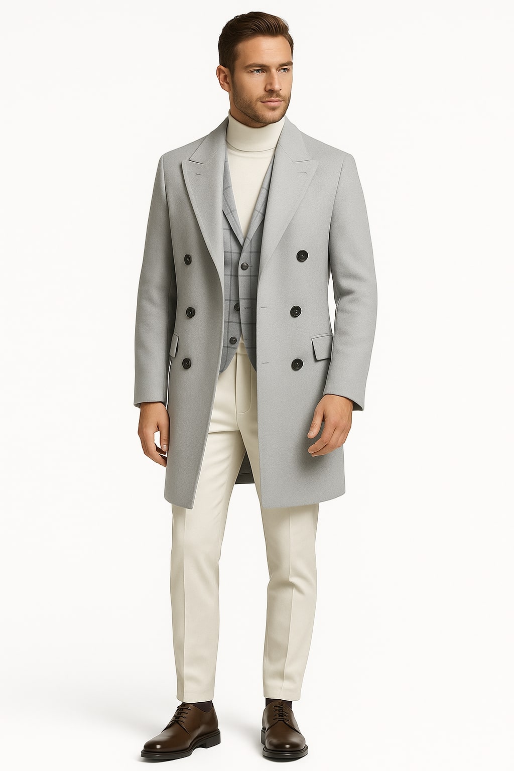 Light Gray Double-Breasted Overcoat 3-Piece Set