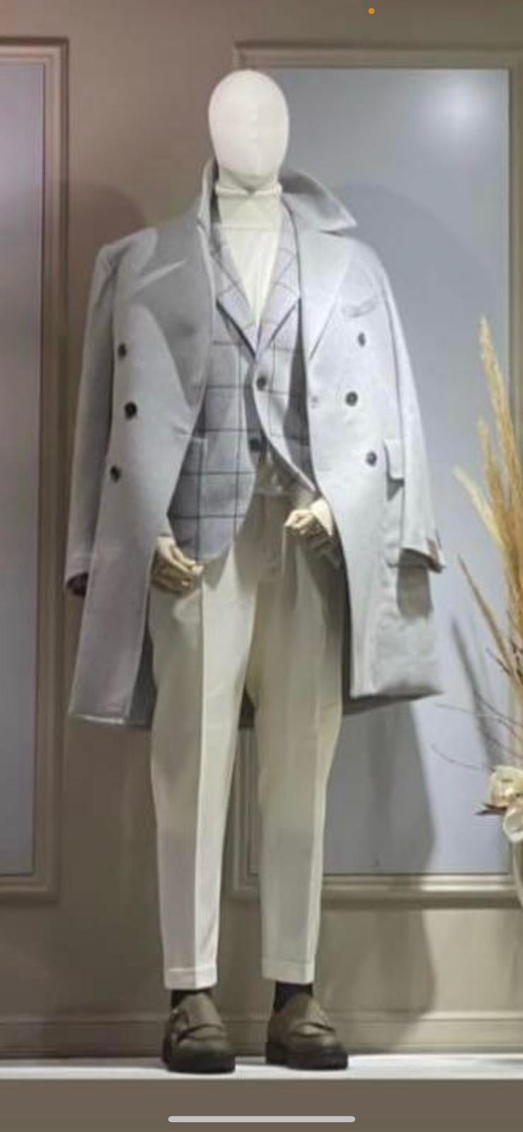 Men's Light Gray Double-Breasted Overcoat with Windowpane Vest – 3-Piece Wool Fabric By Alberto Nardoni