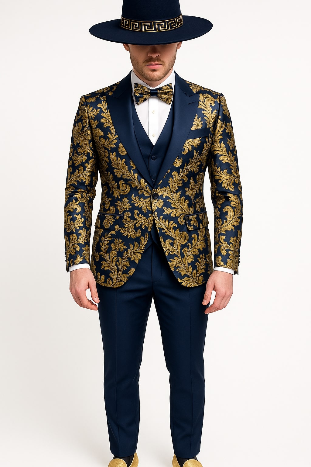 Navy Blue & Gold Baroque Tuxedo 3-Piece Set