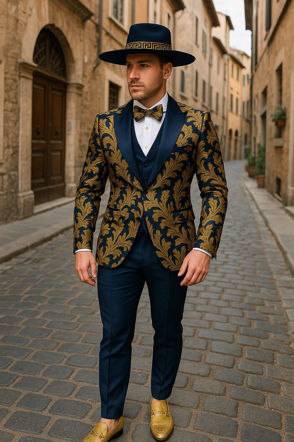 Navy Blue & Gold Baroque Tuxedo 3-Piece Set