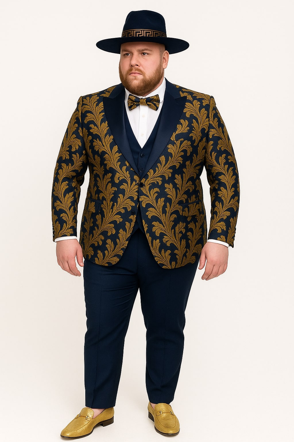 Navy Blue & Gold Baroque Tuxedo 3-Piece Set