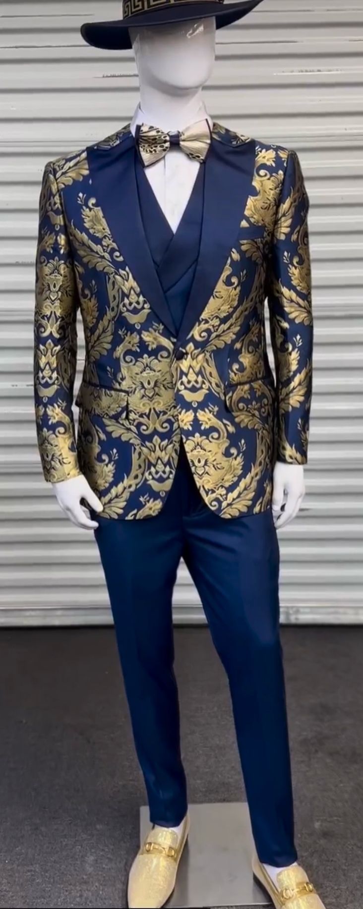 Navy Blue & Gold Baroque Tuxedo 3-Piece Set