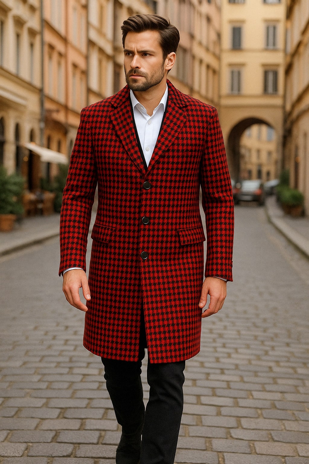 Red and Black Houndstooth Wool Overcoat