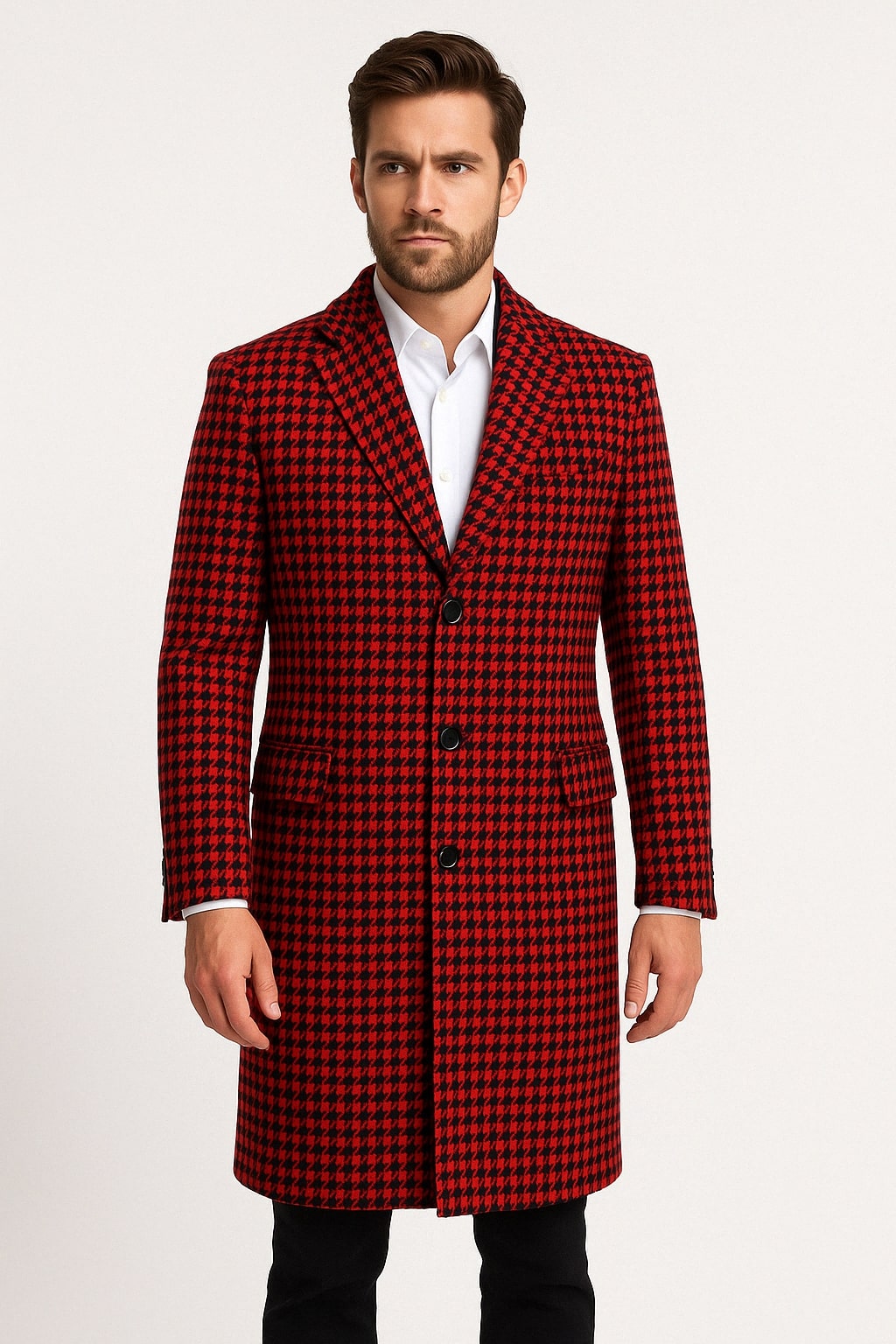 Red and Black Houndstooth Wool Overcoat