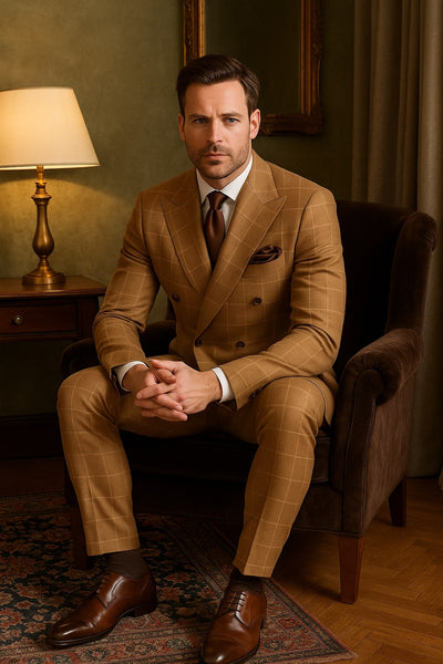 Men's Tan Plaid Double-Breasted Suit by Rossiman