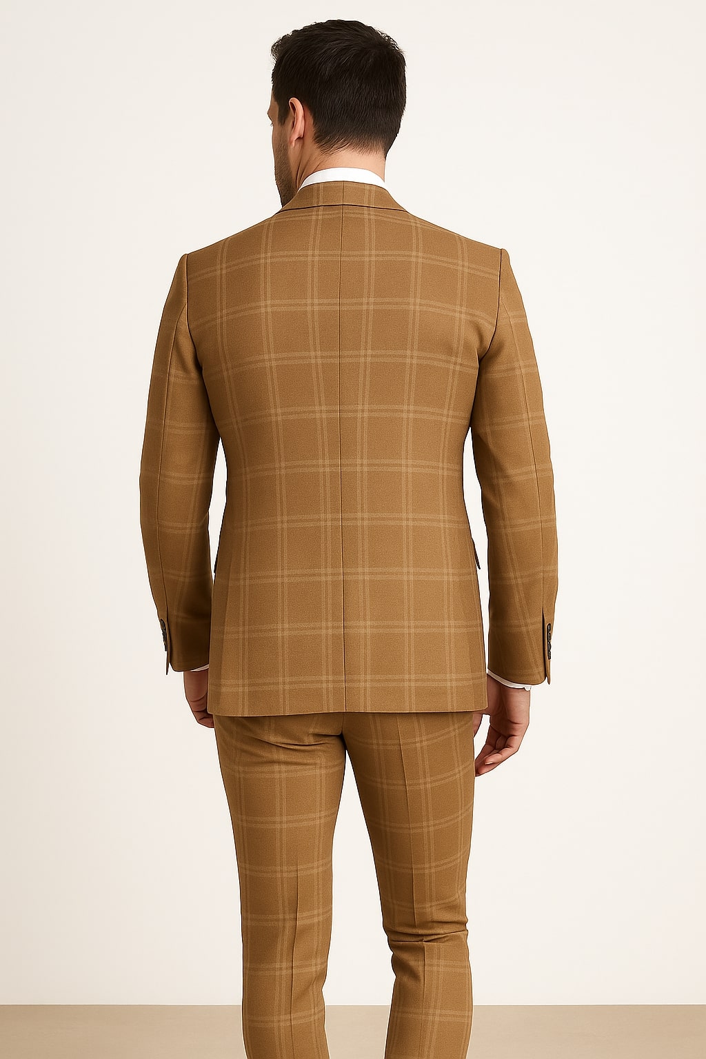 Tan Windowpane Plaid Double-Breasted Suit