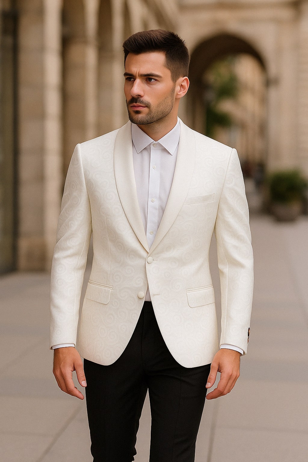 White Swirl Pattern Shawl Lapel Tuxedo Jacket
