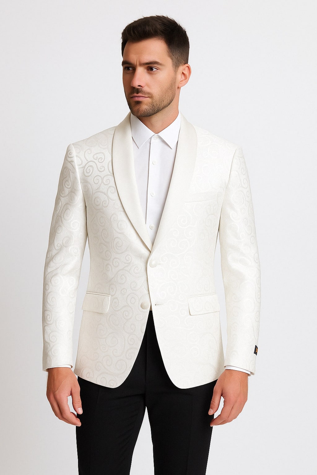 White Swirl Pattern Shawl Lapel Tuxedo Jacket