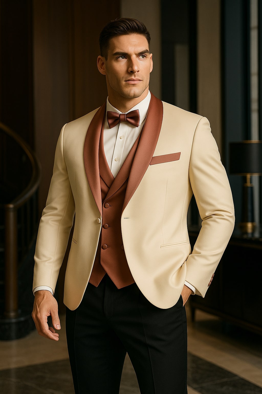 White & Rose Gold Tuxedo with Mauve Vest and Bow Tie