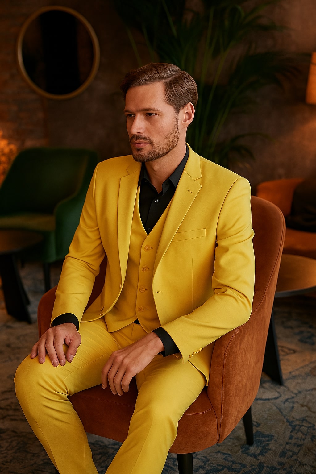 Men's Slim Fit Yellow Suit with Black Shirt