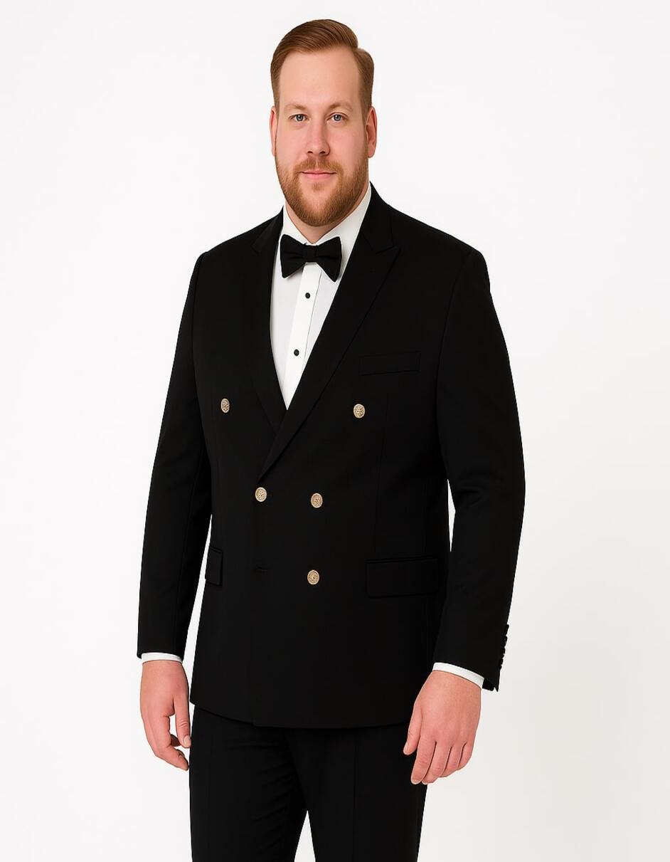 Men’s Double-Breasted Black Tuxedo with Gold Buttons