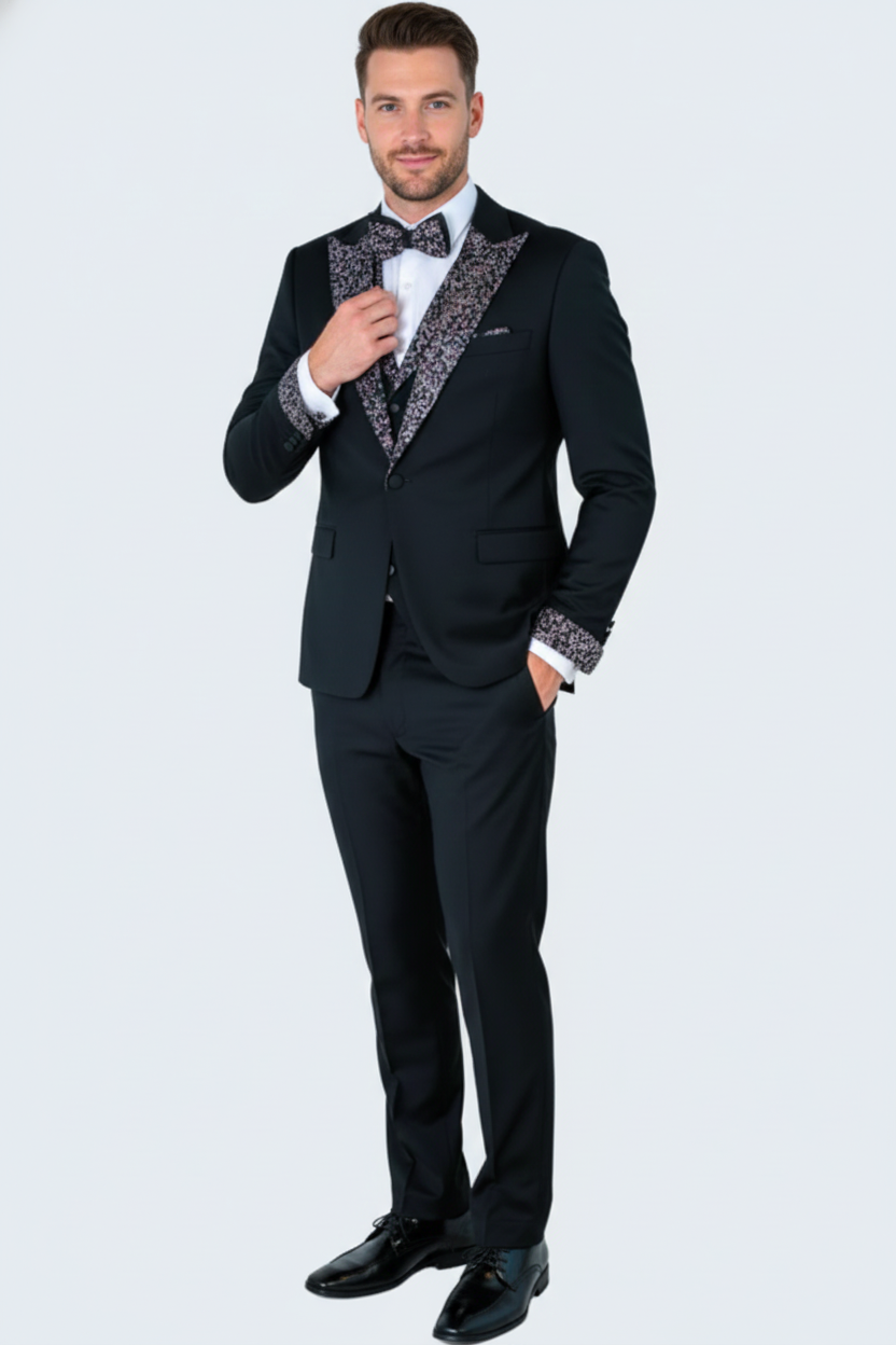 Men's Black and White Silver Embellished Tuxedo Suit + Bowtie 3-Piece Formal Wedding, Prom, and Gala Outfit