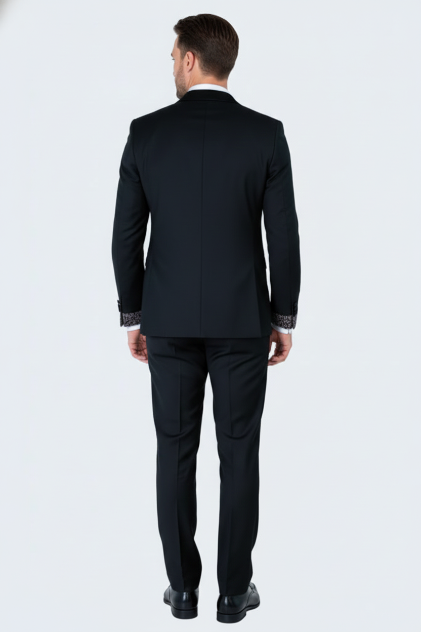 Men's Black and White Silver Embellished Tuxedo Suit + Bowtie 3-Piece Formal Wedding, Prom, and Gala Outfit