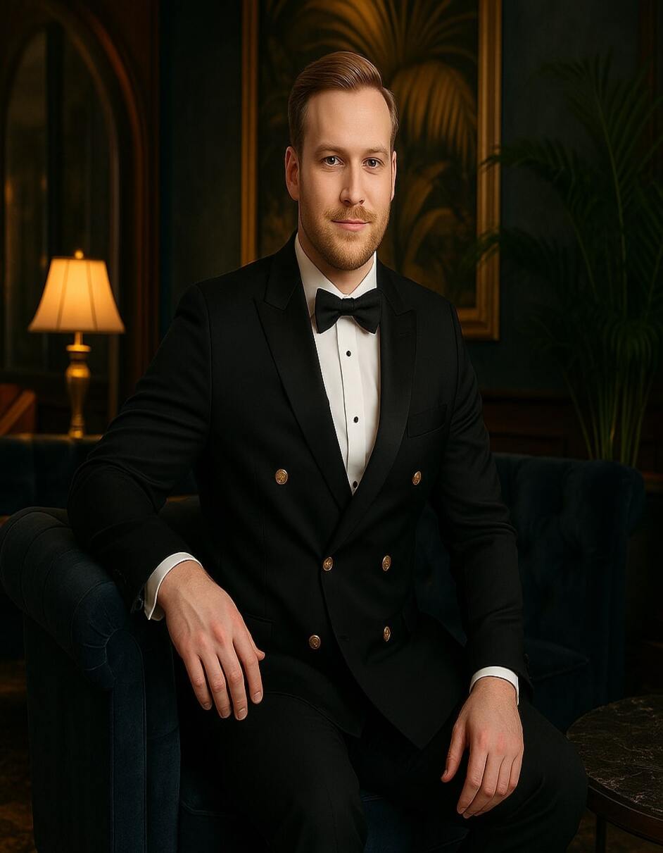 Men’s Double-Breasted Black Tuxedo with Gold Buttons