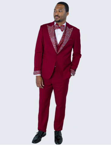 Men's Burgundy and White Embellished Tuxedo Suit – Slim Fit 3-Piece Formal Wedding, Prom, and Gala Outfit
