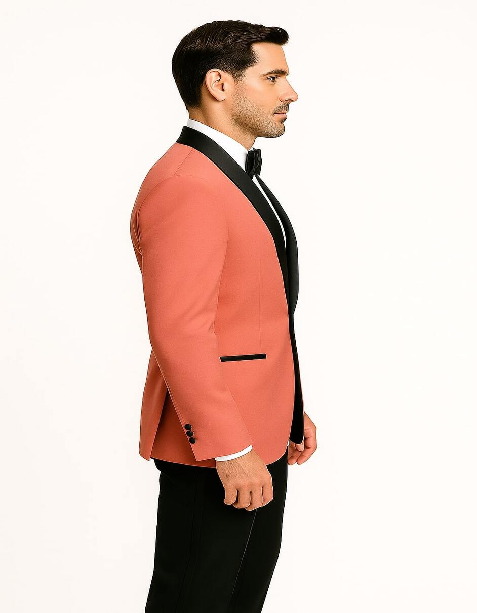 Men’s Coral Pink Tuxedo Jacket with Black Satin Shawl Lapel Velvet Fabric – Modern Slim Fit Formal Blazer