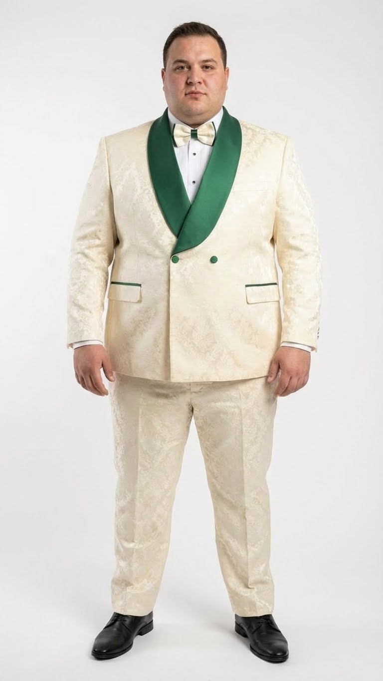 Men's Ivory and Emerald Green Jacquard Tuxedo Suit + Bowtie – 3-Piece Formal Wedding, Prom, and Gala Outfit