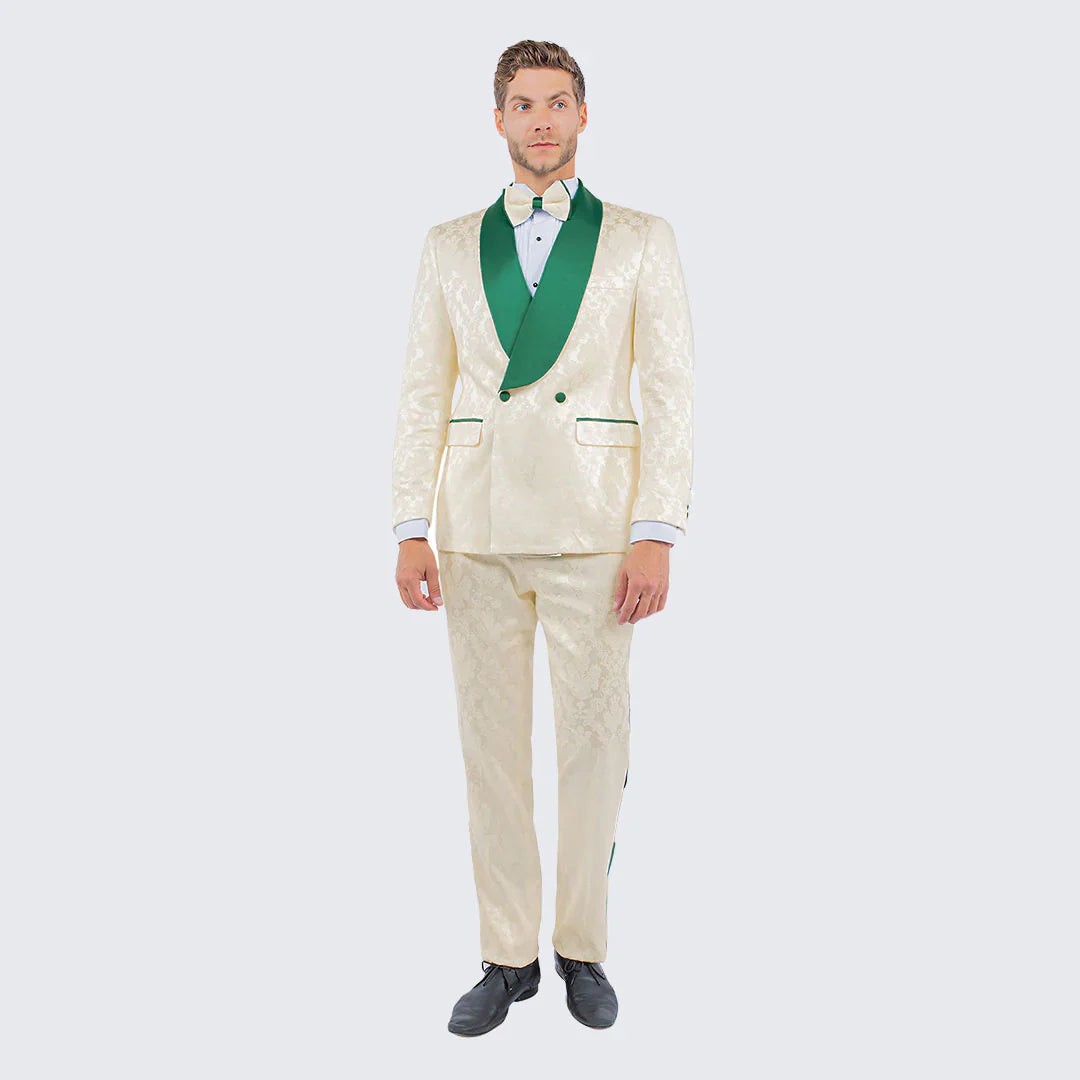 Men's Ivory and Emerald Green Jacquard Tuxedo Suit + Bowtie – 3-Piece Formal Wedding, Prom, and Gala Outfit