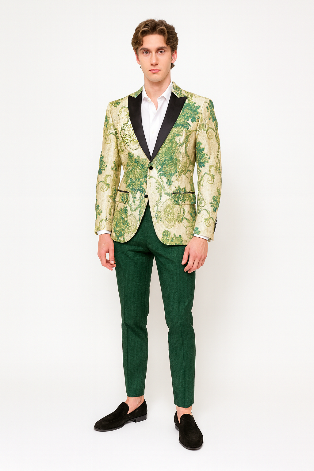 Floral Embroidered Ivory & Green Tuxedo Suit Jacket