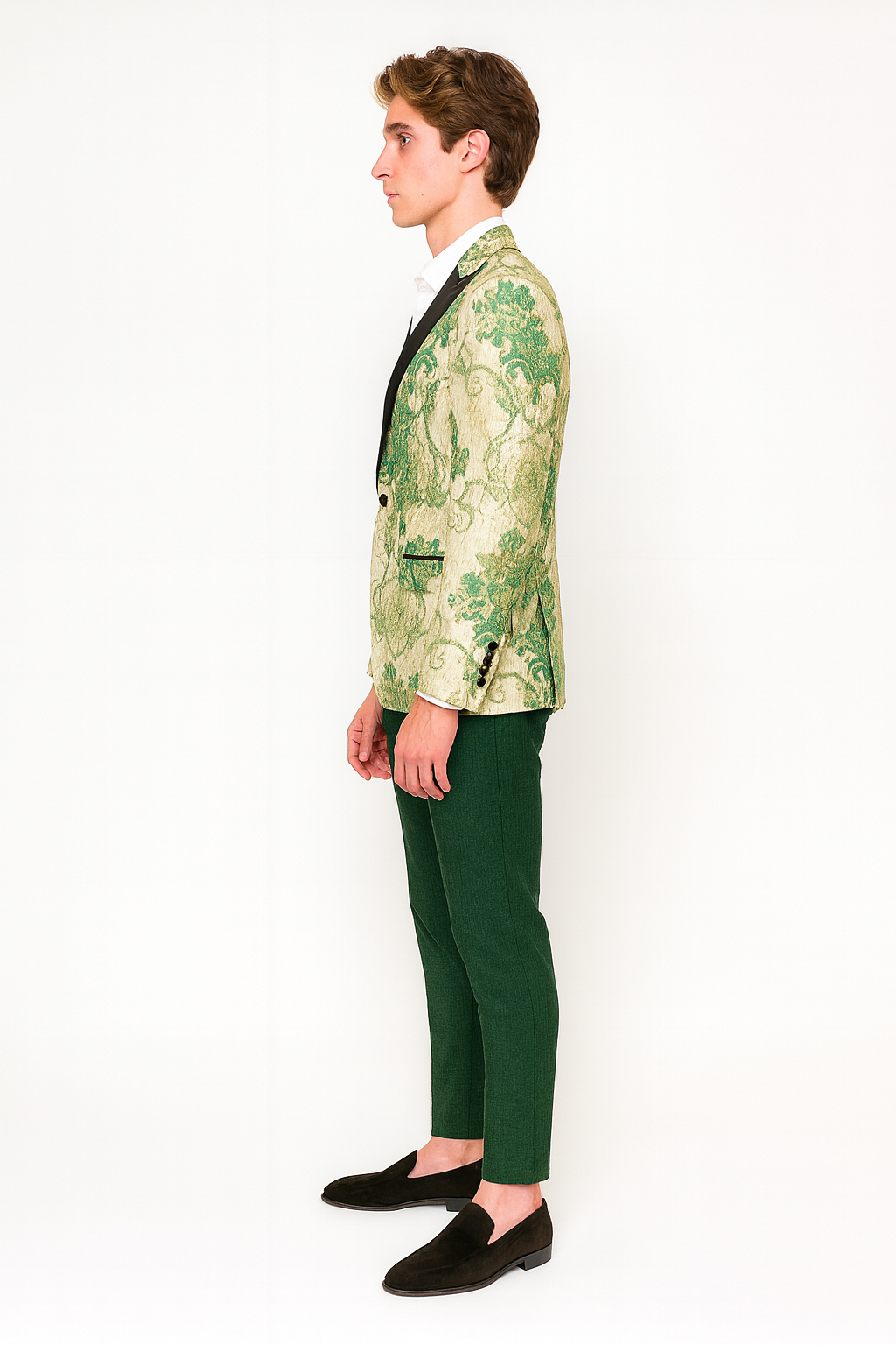 Floral Embroidered Ivory & Green Tuxedo Suit Jacket