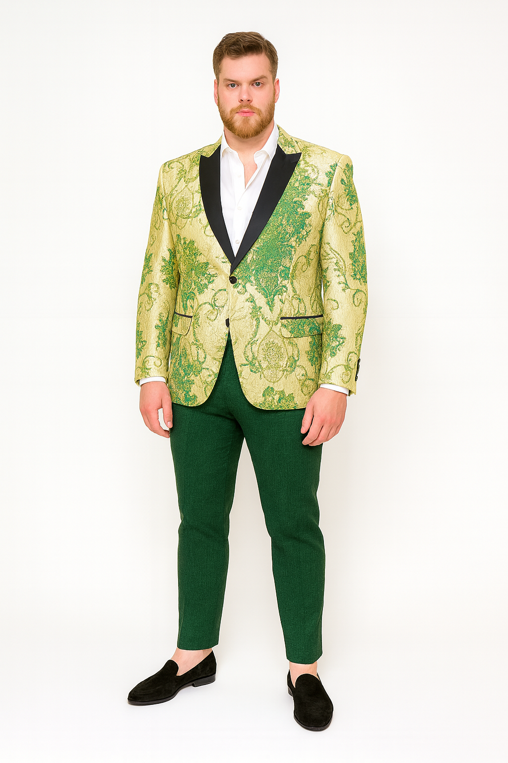 Floral Embroidered Ivory & Green Tuxedo Suit Jacket