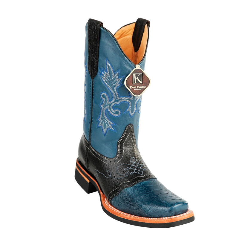 Men's King Exotic Ostrich Leg Boots With Rubber Sole & Saddle Square Toe Blue Jean (48160514)