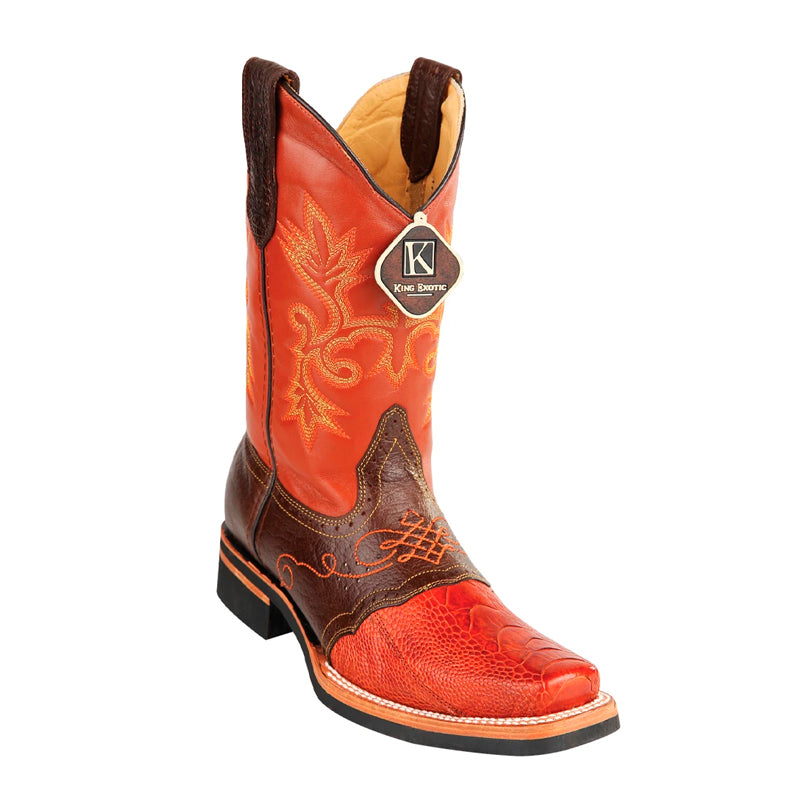 King Exotic Ostrich Leg Square Toe Boots Cognac