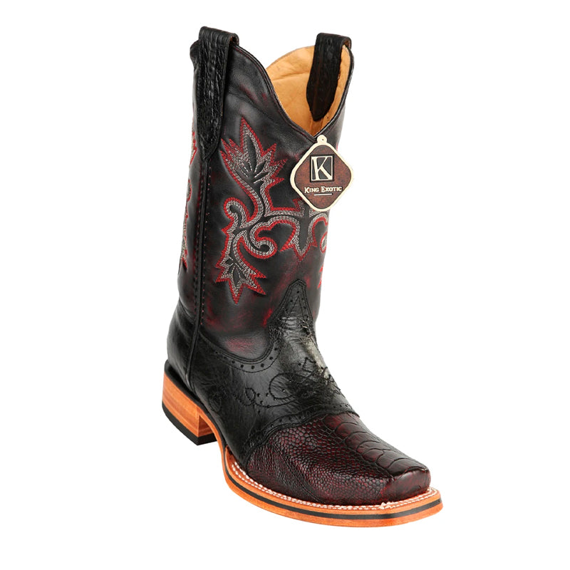 King Exotic Ostrich Leg Square Toe Boots Black Cherry