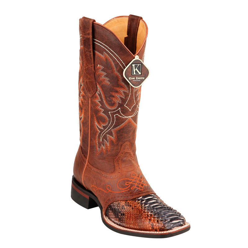 King Exotic Python Square Toe Boots, Rustic Cognac