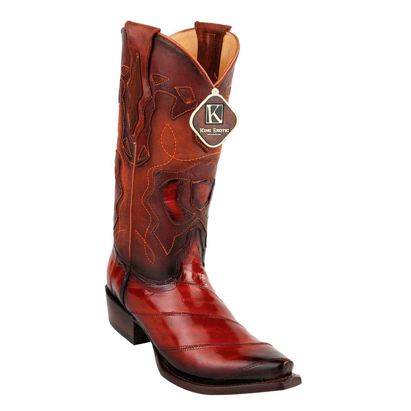 King Exotic Burnished Cognac Eel Snip Toe Boots