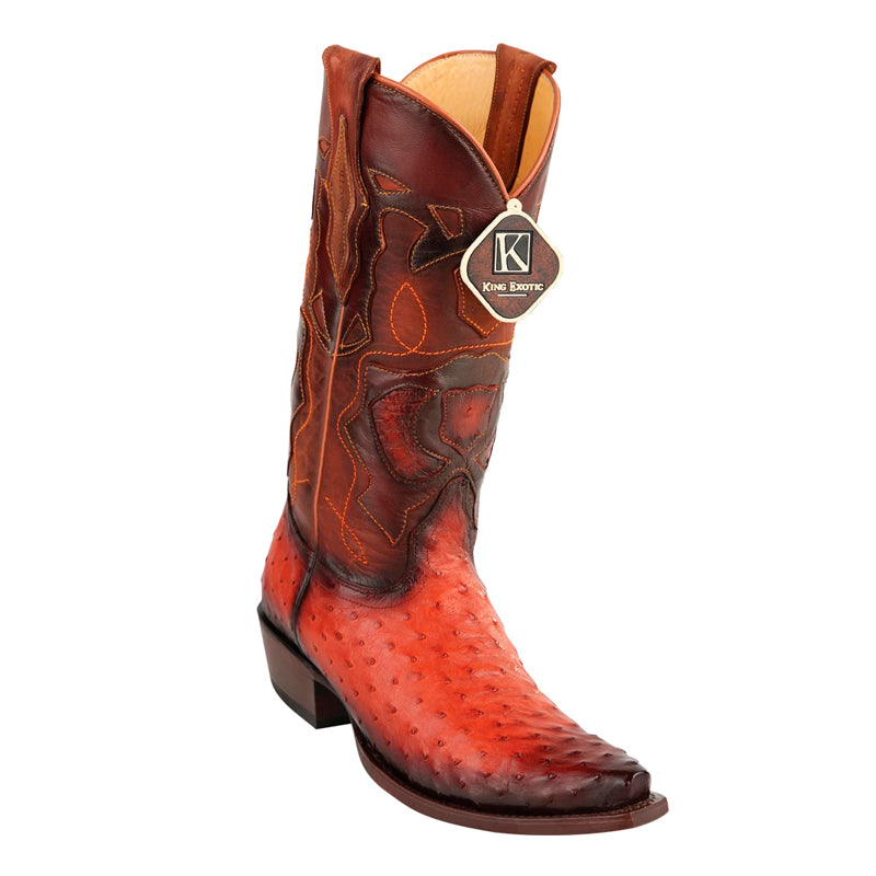King Exotic Ostrich Burnished Cognac Snip Toe Boots