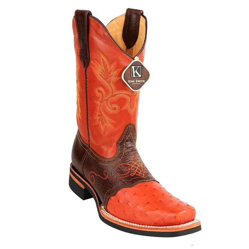 King Exotic Ostrich Square Toe Boots Cognac