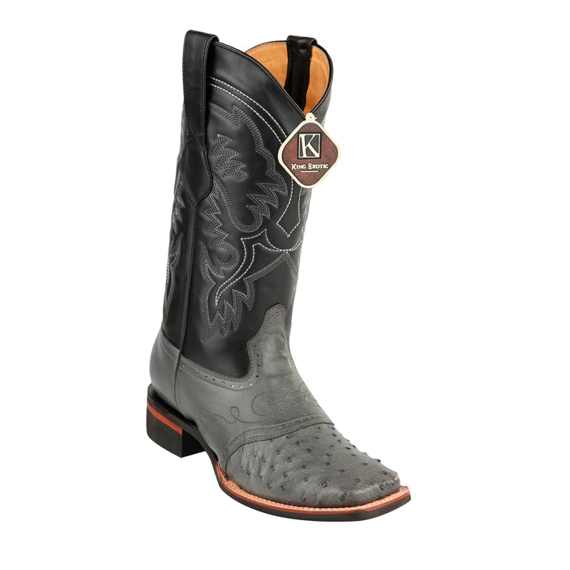 King Exotic Ostrich Square Toe Boots - Gray