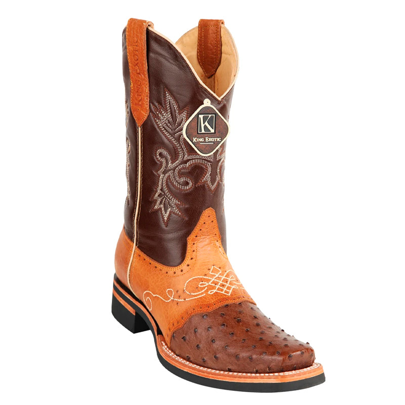 King Exotic Square Toe Ostrich Boots Saddle Brown
