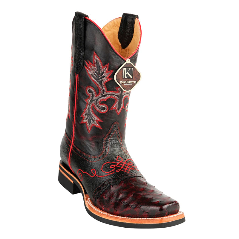 King Exotic Ostrich Square Toe Boots Black Cherry
