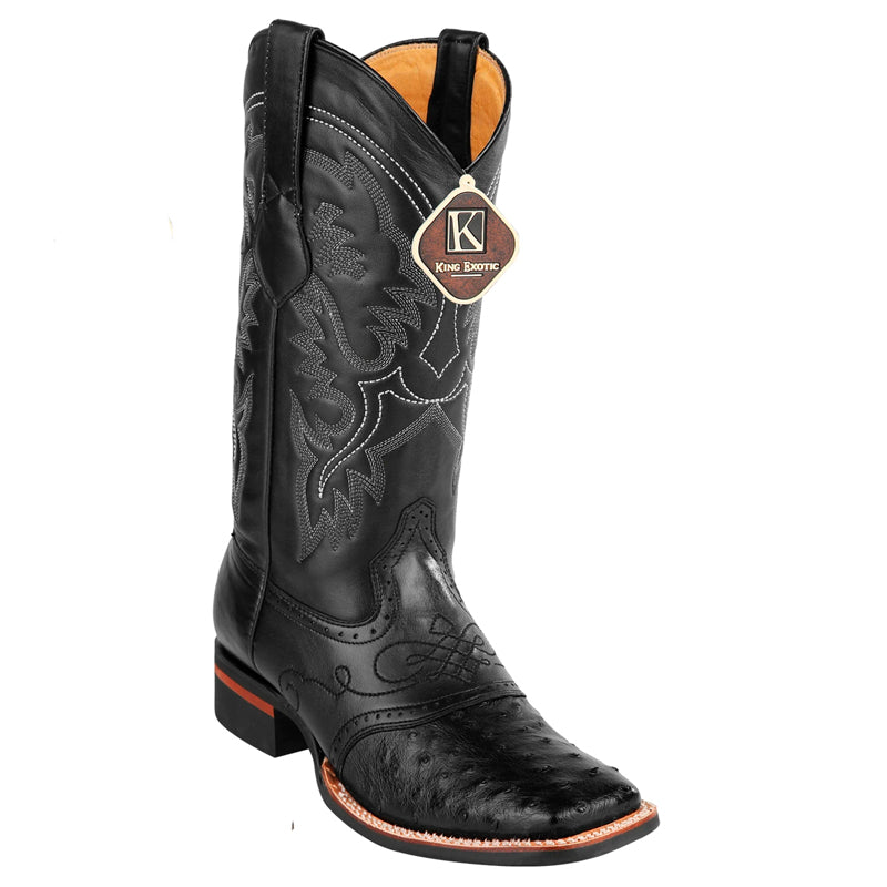 King Exotic Men's Ostrich Square Toe Boots Black