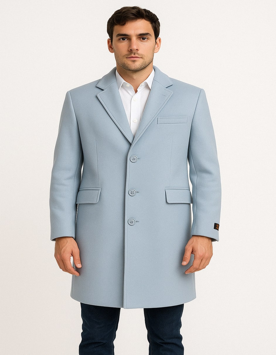 Men’s Light Blue Wool Overcoat - Single-Breasted Long Coat