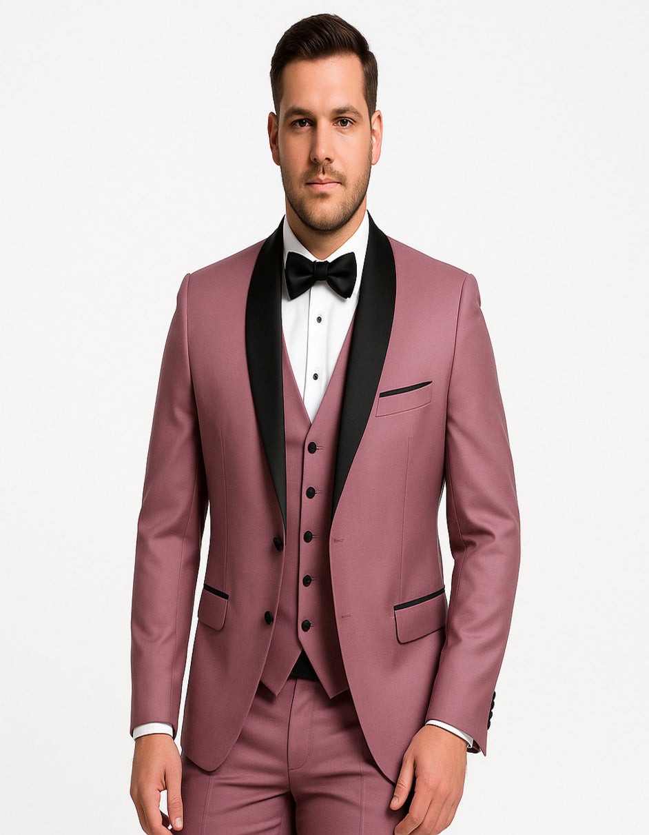 Men's Mauve Pink Tuxedo Suit – 3-Piece Slim Fit with Black Satin Shawl Lapel