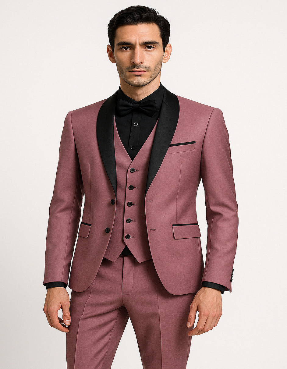 Mauve Pink Slim Fit Tuxedo, 3-Piece Shawl Lapel