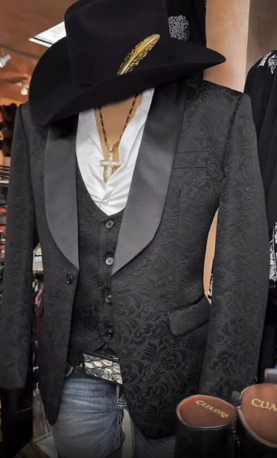 Mens Black Paisley Jacquard Blazer with Satin Shawl Lapel – Western Formal Designer Jacket