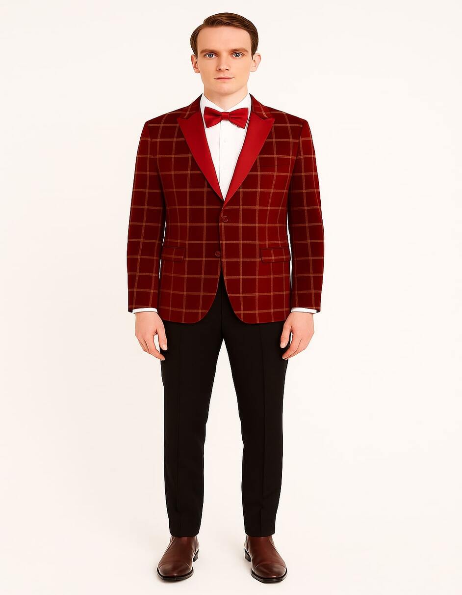 Men's Red Velvet Plaid Blazer with Satin Lapel – Designer Tartan Suit Jacket for Holidays and Events
