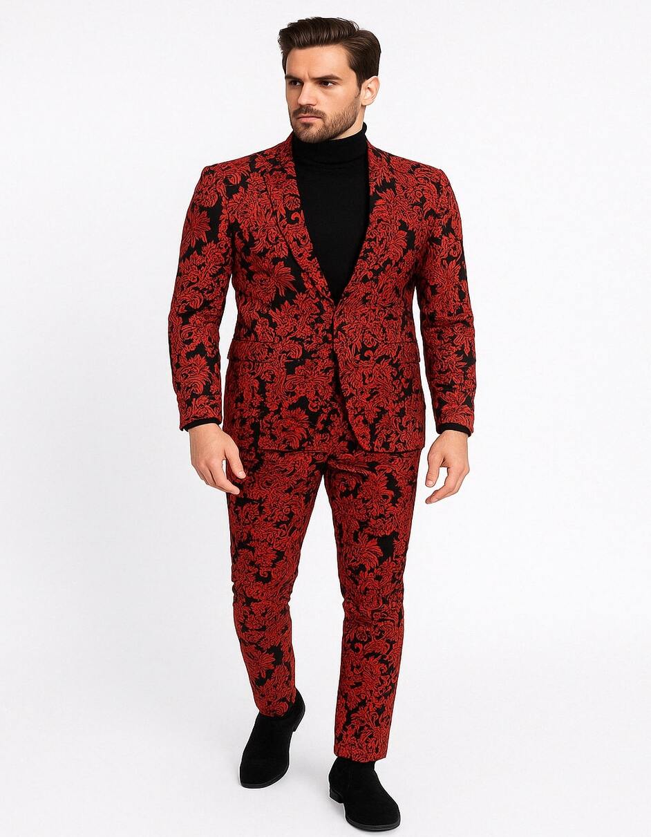Red & Black Floral Slim Tuxedo Suit for Men