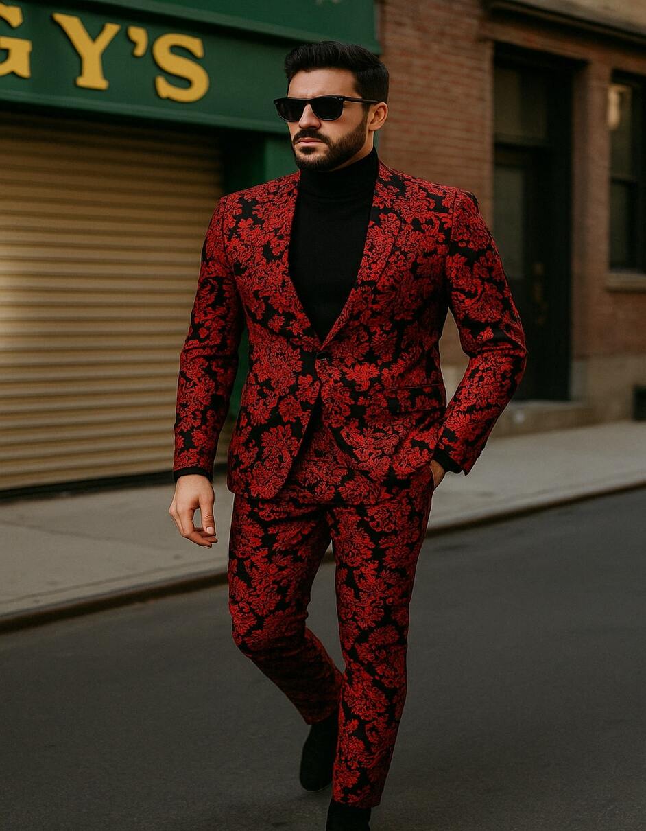 Red & Black Floral Slim Tuxedo Suit for Men