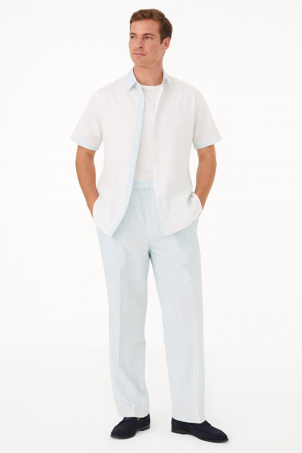 Men’s Sky Blue Casual Two-Piece Shirt & Pants Set