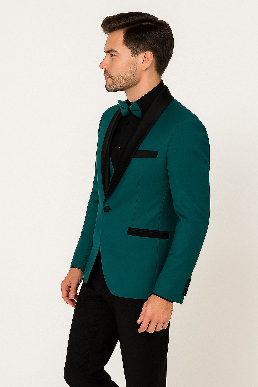 Teal Velvet Tuxedo with Satin Lapel and Bow Tie