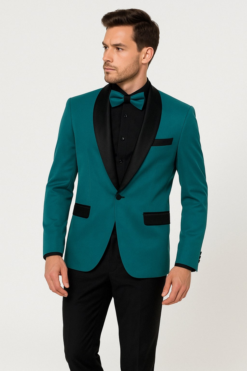 Teal Velvet Tuxedo with Satin Lapel and Bow Tie