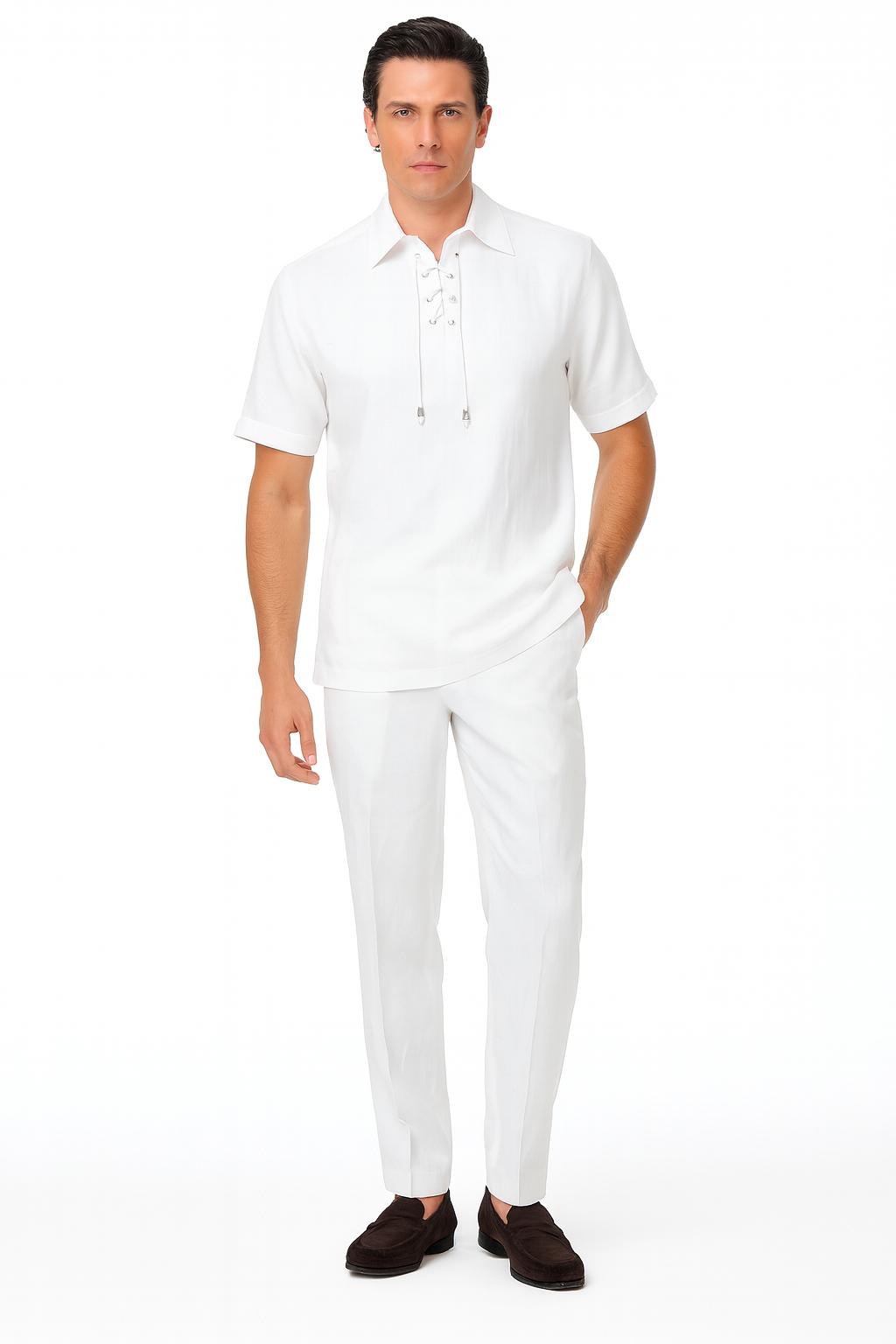 White Lace-Up Summer Shirt & Pants Set for Men